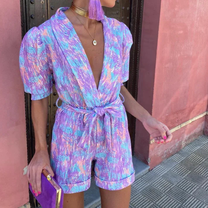 Short Jumpsuit for Women with Puff Sleeves and Tied Belt