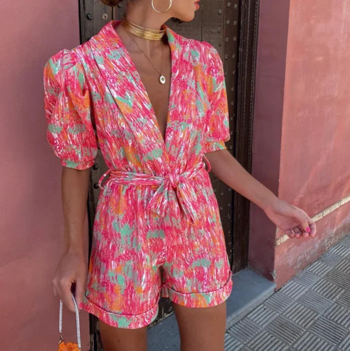 Short Jumpsuit for Women with Puff Sleeves and Tied Belt