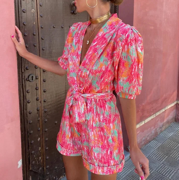 Short Jumpsuit for Women with Puff Sleeves and Tied Belt