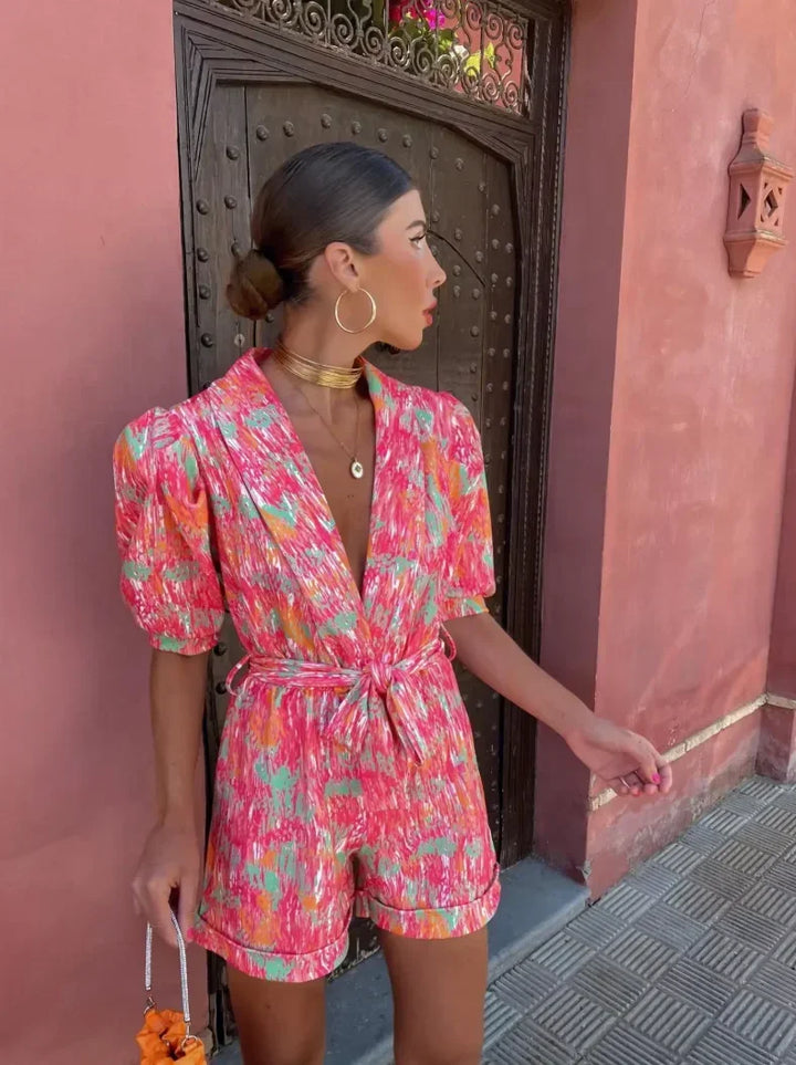 Short Jumpsuit for Women with Puff Sleeves and Tied Belt
