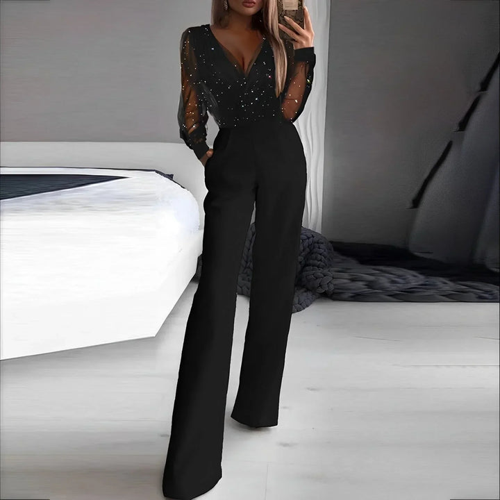 Black Women's Jumpsuit with V-Neck and Flared Legs