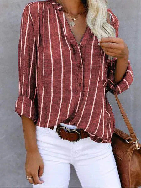 Women’s Vertical Striped Button-Down Shirt - Long Sleeve