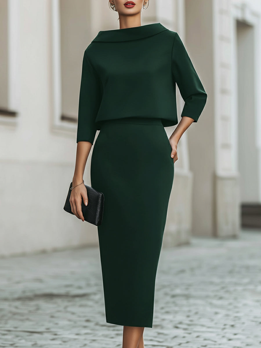 Boat Neck Top & Midi Skirt Set Casual Women's Set