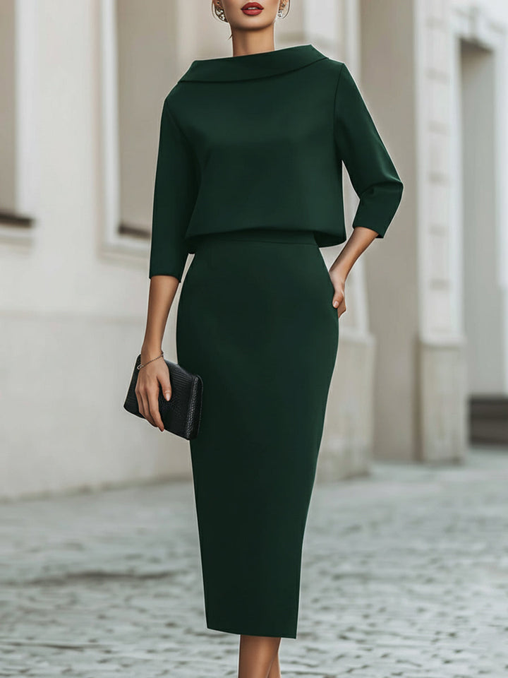Boat Neck Top & Midi Skirt Set Casual Women's Set