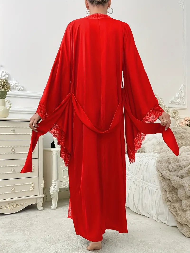 Long Women's Lace Dress with Waist Belt and Wide Sleeves