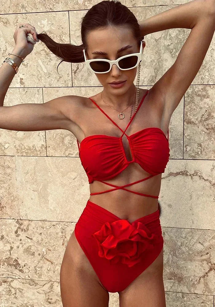 Women's Bikini with Floral Details and Strappy Design