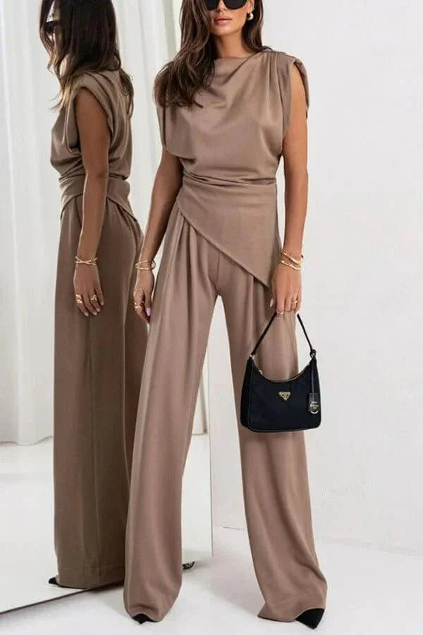 Women's Draped Two-Piece Set with Wide Leg Trousers