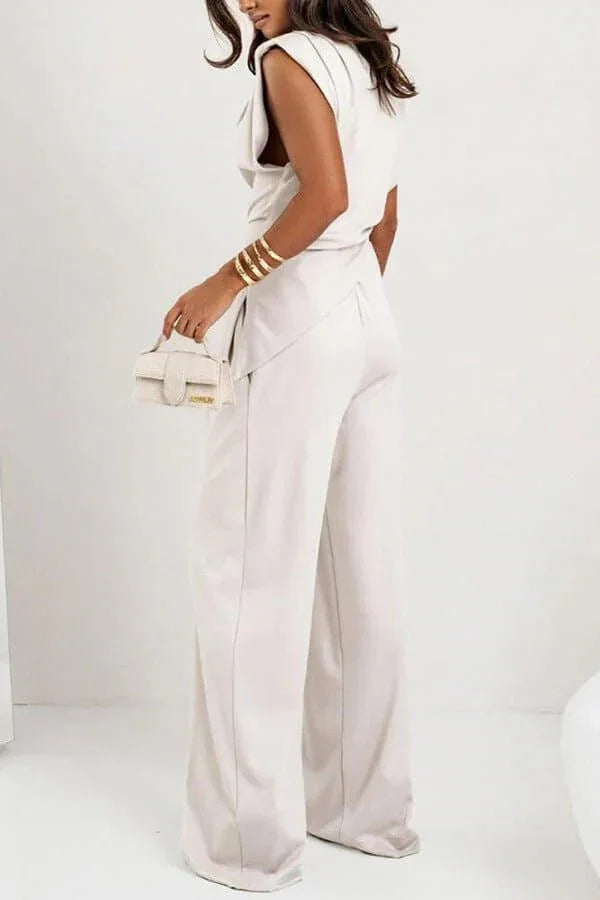 Women's Draped Two-Piece Set with Wide Leg Trousers