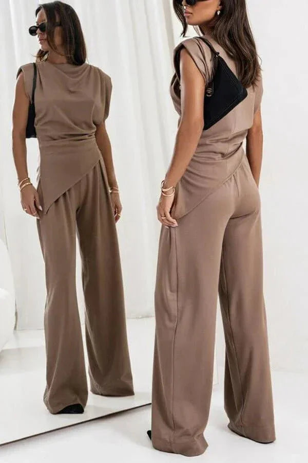Women's Draped Two-Piece Set with Wide Leg Trousers