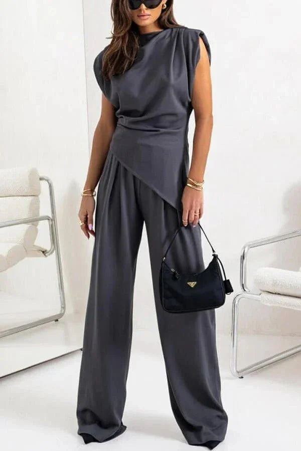 Women's Draped Two-Piece Set with Wide Leg Trousers