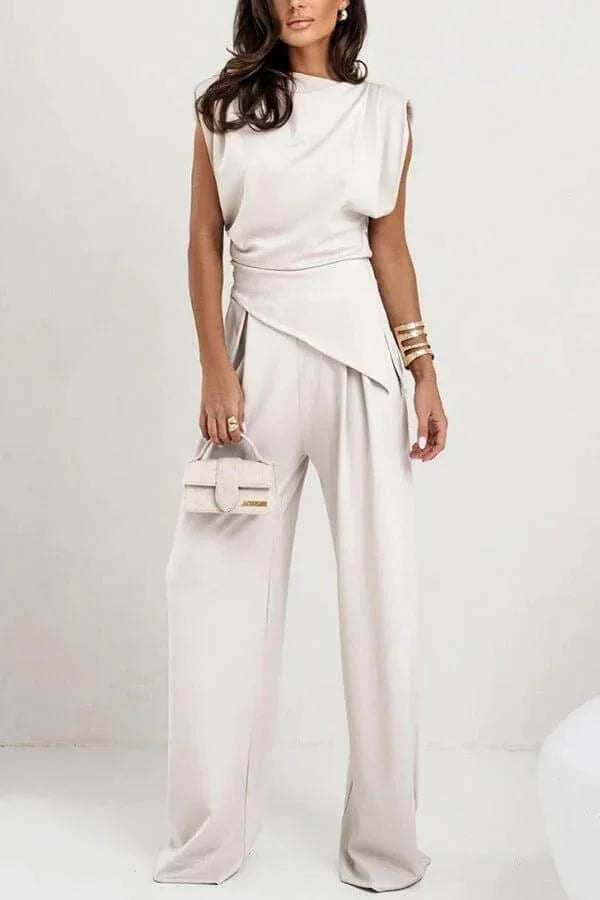 Women's Draped Two-Piece Set with Wide Leg Trousers