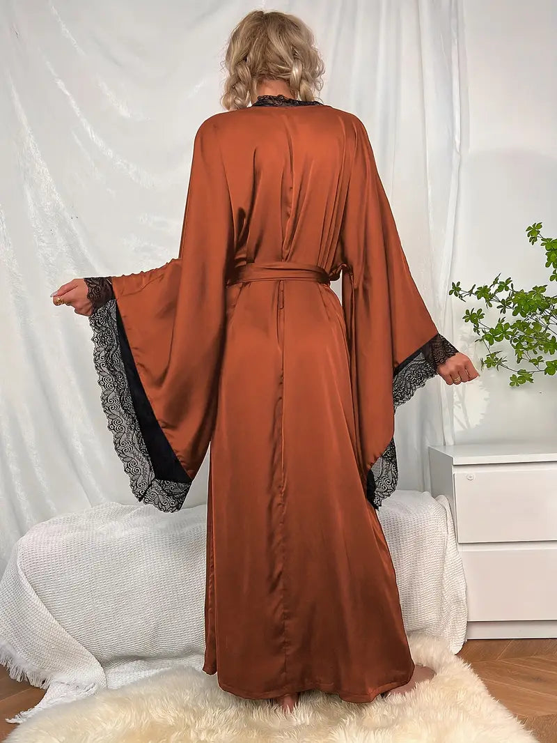 Long Women's Lace Dress with Waist Belt and Wide Sleeves
