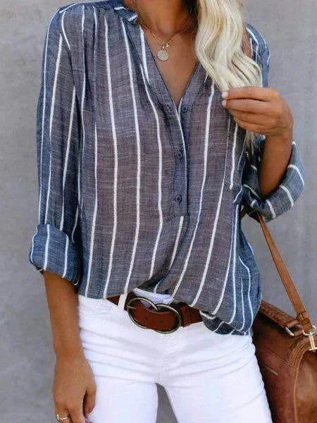 Women’s Vertical Striped Button-Down Shirt - Long Sleeve