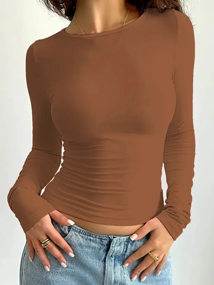 Women's Fitted Long-Sleeve Top with Round Neck