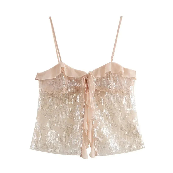 Top Crop Woman with Sequins Thin Straps and Organza Ruffles