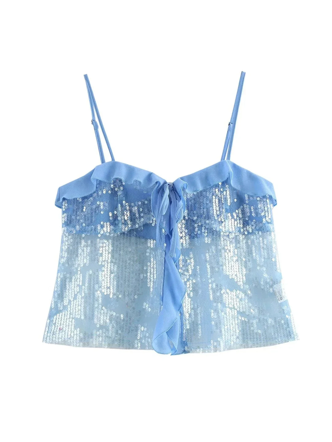 Top Crop Woman with Sequins Thin Straps and Organza Ruffles
