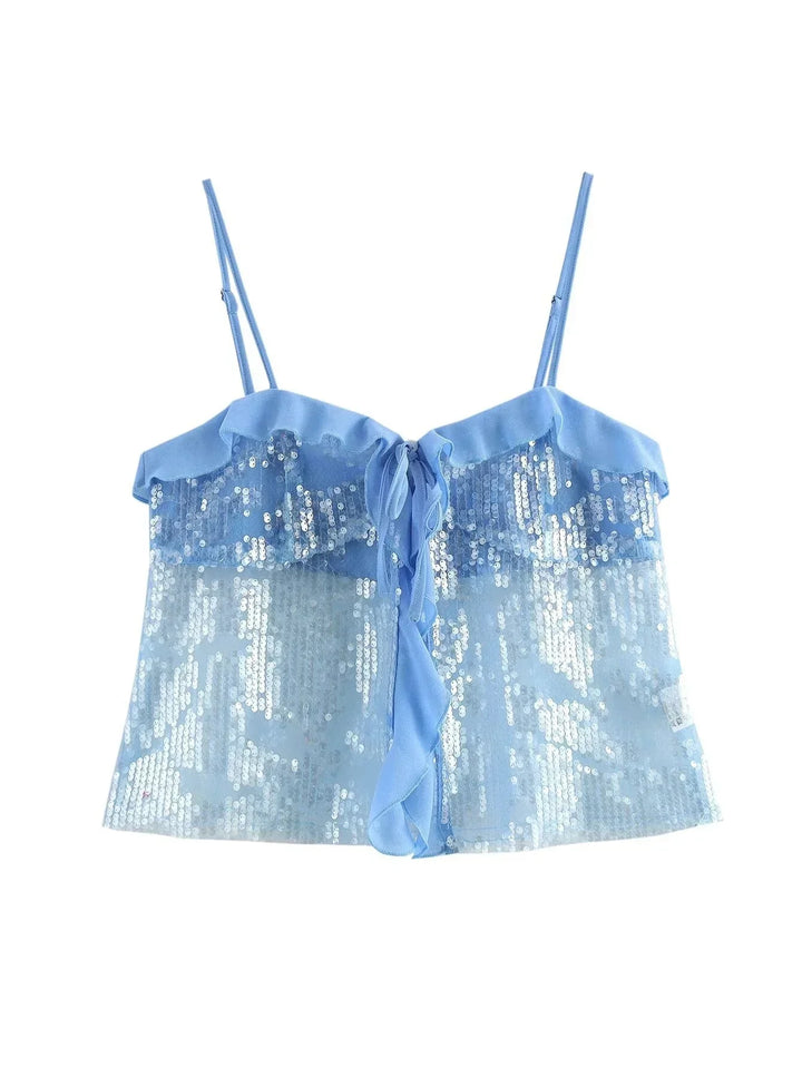 Top Crop Woman with Sequins Thin Straps and Organza Ruffles