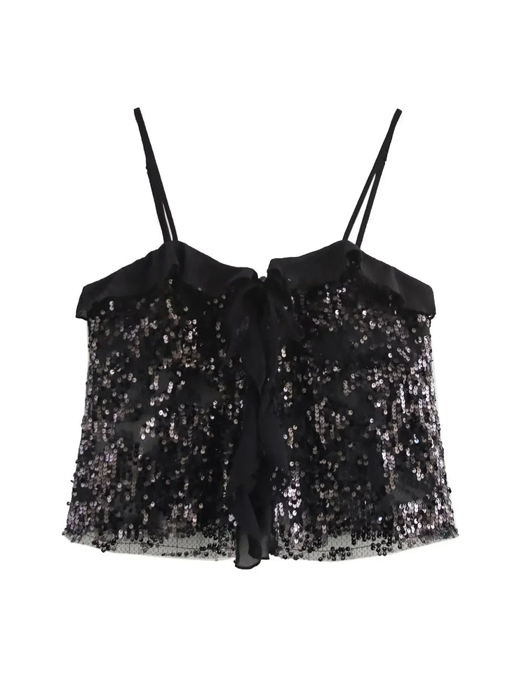 Top Crop Woman with Sequins Thin Straps and Organza Ruffles