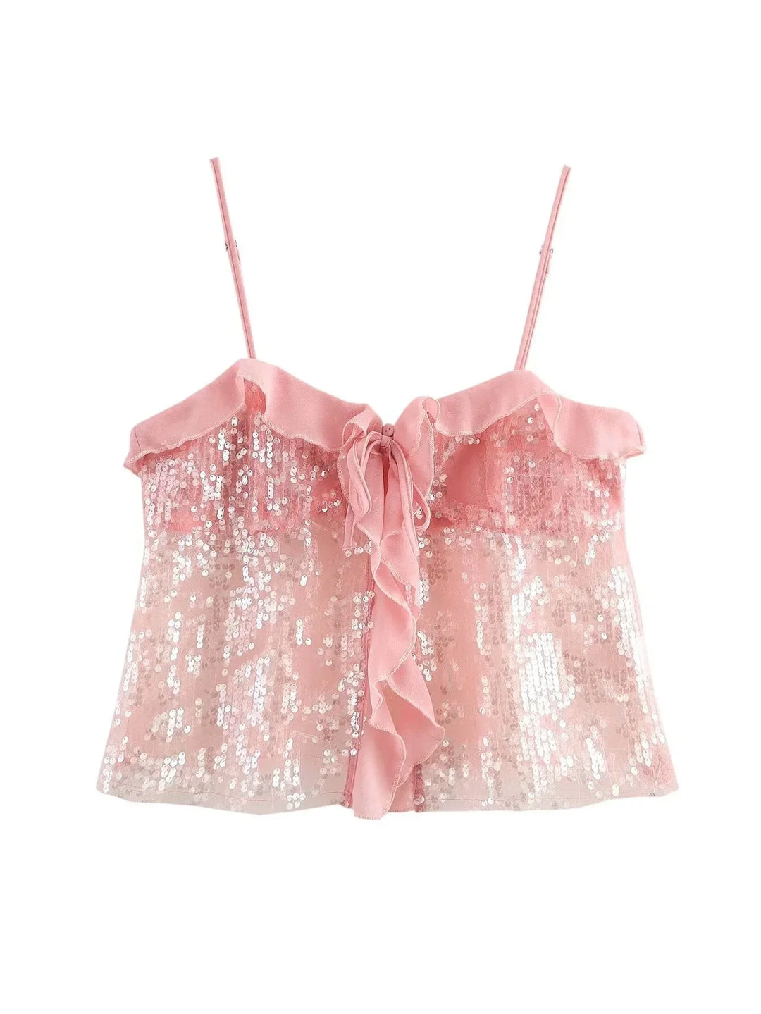 Top Crop Woman with Sequins Thin Straps and Organza Ruffles