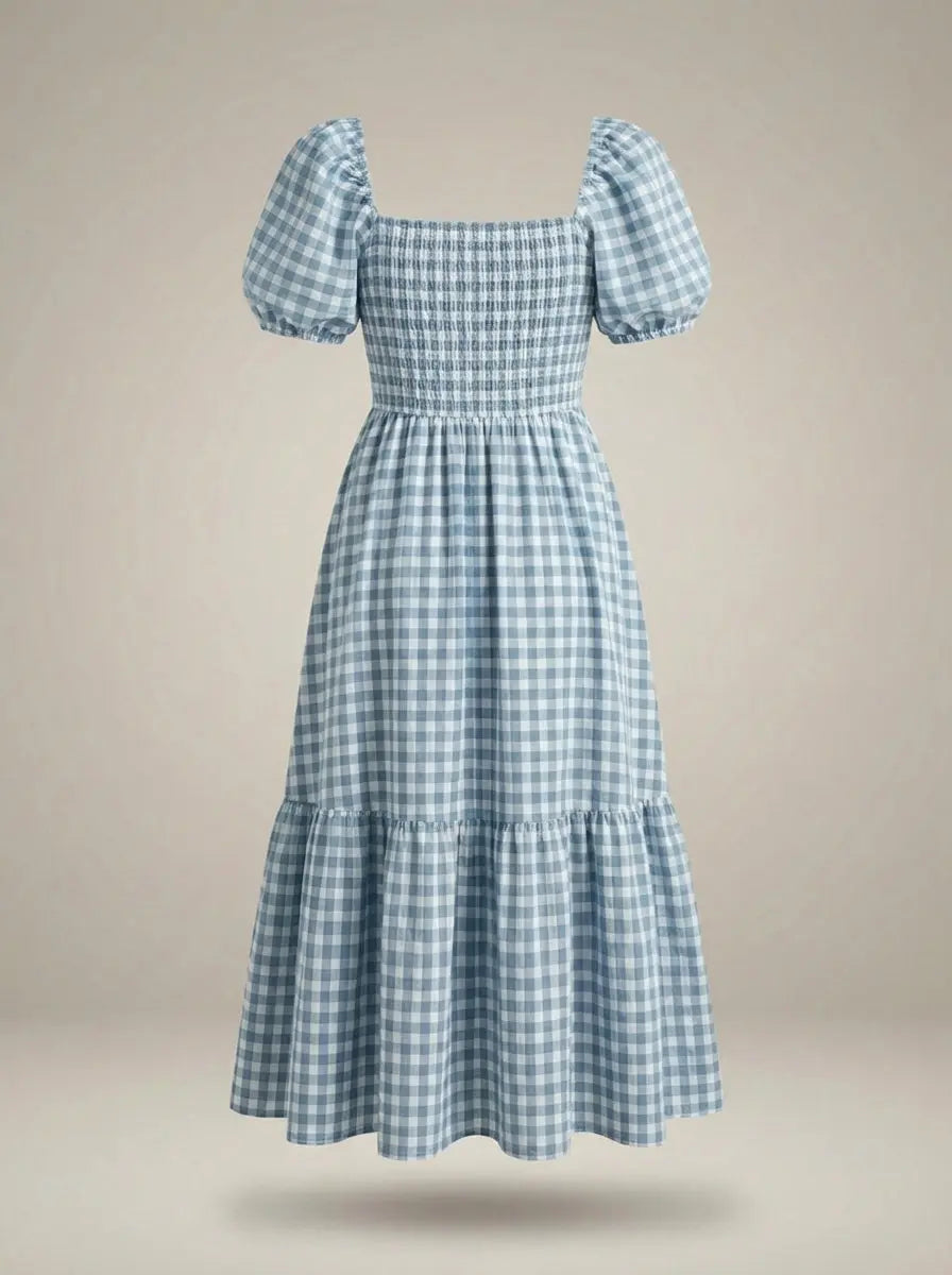 Summer Dress with Puff Sleeves Smocking Midi Dress