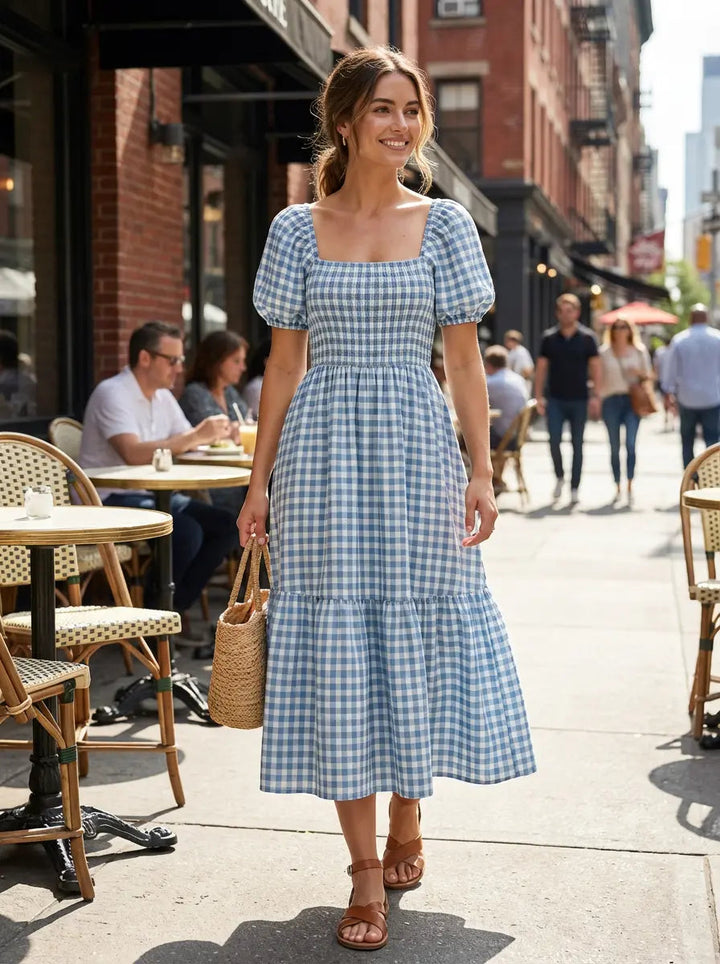 Summer Dress with Puff Sleeves Smocking Midi Dress