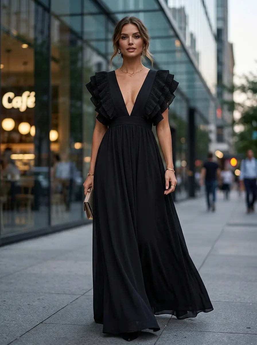 V-Neck Dress with Ruffles Maxi Dress Women's Party Dress