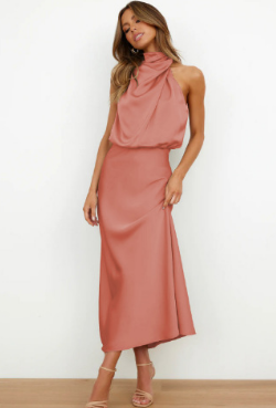 Women’s Satin Maxi Dress – Elegant Sleeveless Open Shoulder