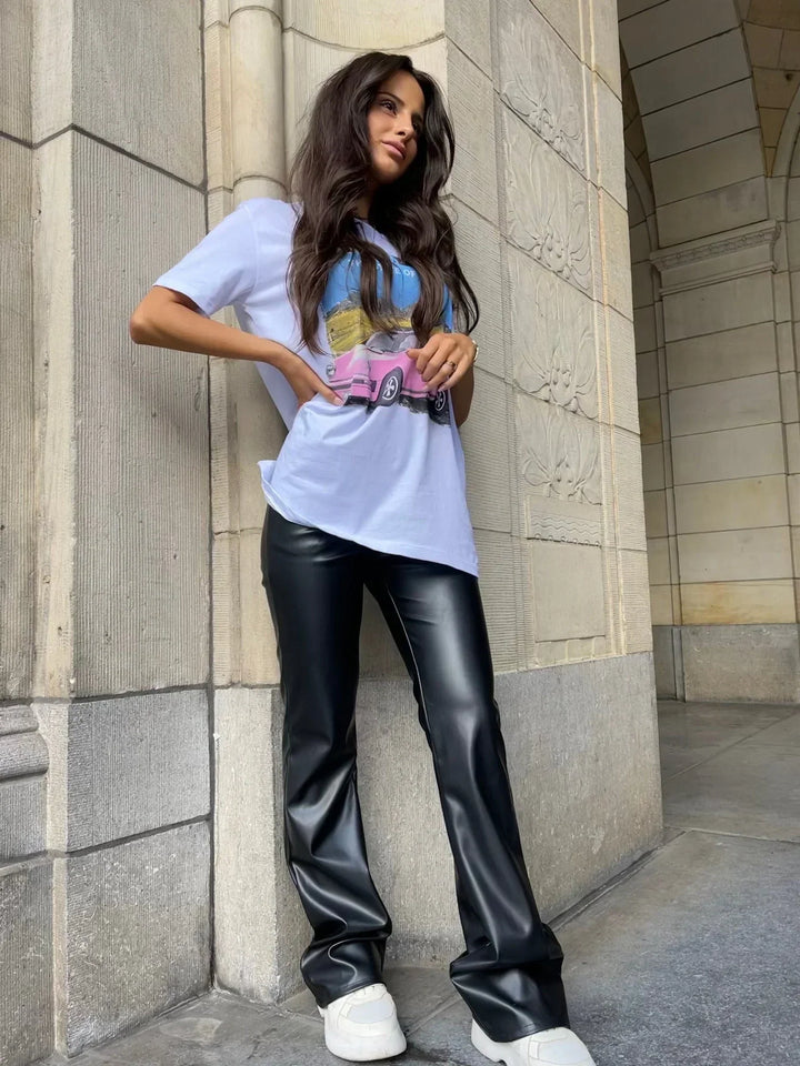 Vegan Leather Trousers with High Waist and Slightly Flared Legs