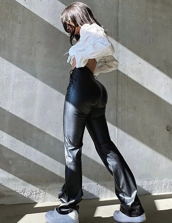 Vegan Leather Trousers with High Waist and Slightly Flared Legs