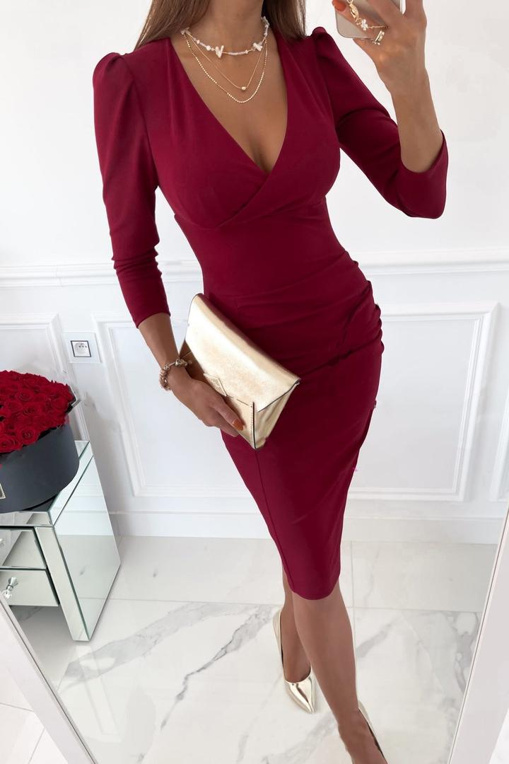 Evening Midi Dress with a V-neck and Long Sleeves