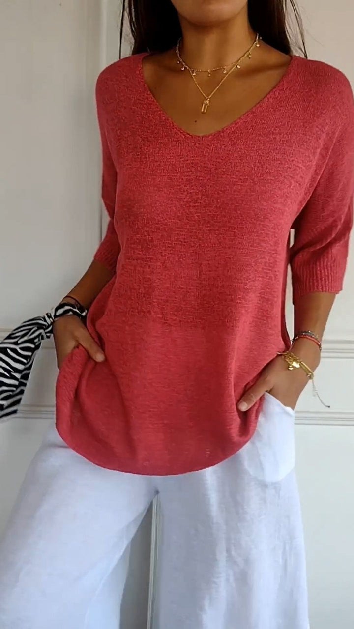 V-Neck Knit Top Casual Women's Jumper