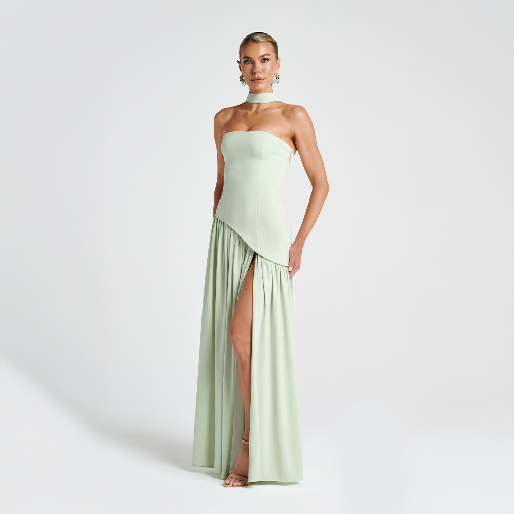 Strapless long dress with asymmetric cut and high slit