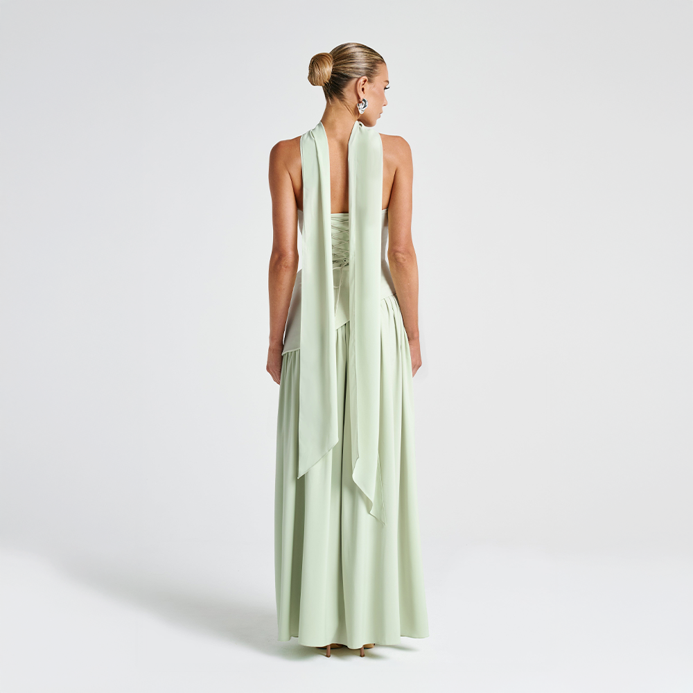 Strapless long dress with asymmetric cut and high slit