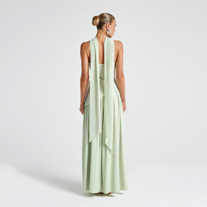 Strapless long dress with asymmetric cut and high slit