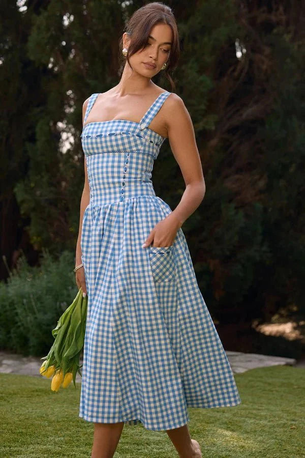 Women's Gingham Print Midi Dress