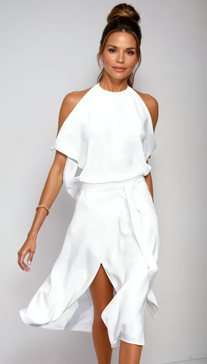Halter Neck A-Line Dress with Slit Flowy Women's Dress