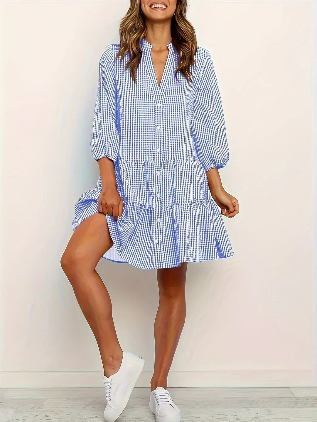 Short Checked Dress for Women with 3/4 Sleeves and Buttoned Collar