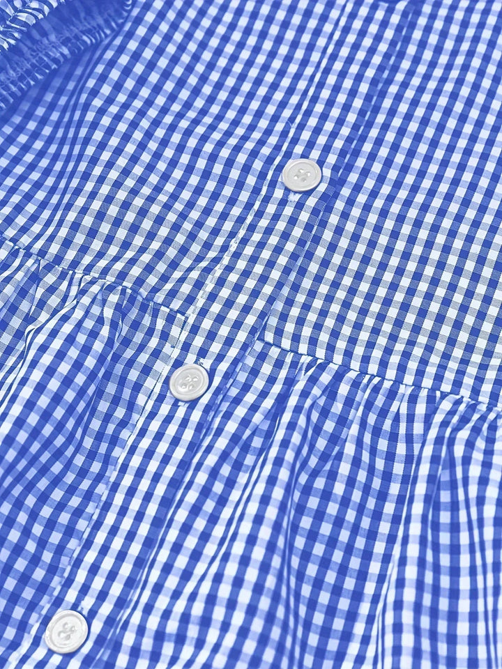 Short Checked Dress for Women with 3/4 Sleeves and Buttoned Collar