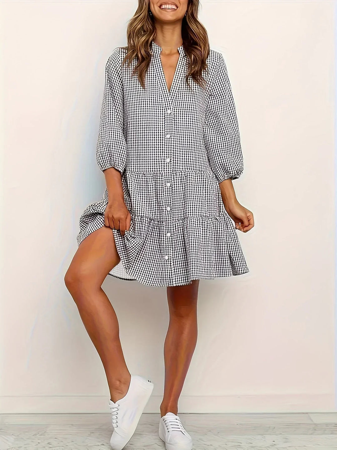Short Checked Dress for Women with 3/4 Sleeves and Buttoned Collar