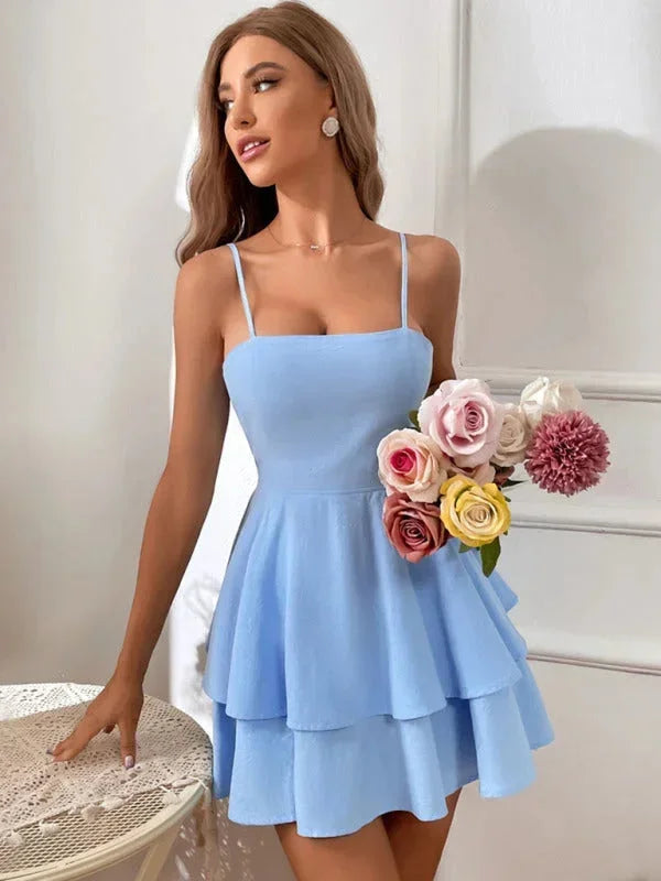 Short Women's Ruffle Dress with Adjustable Straps