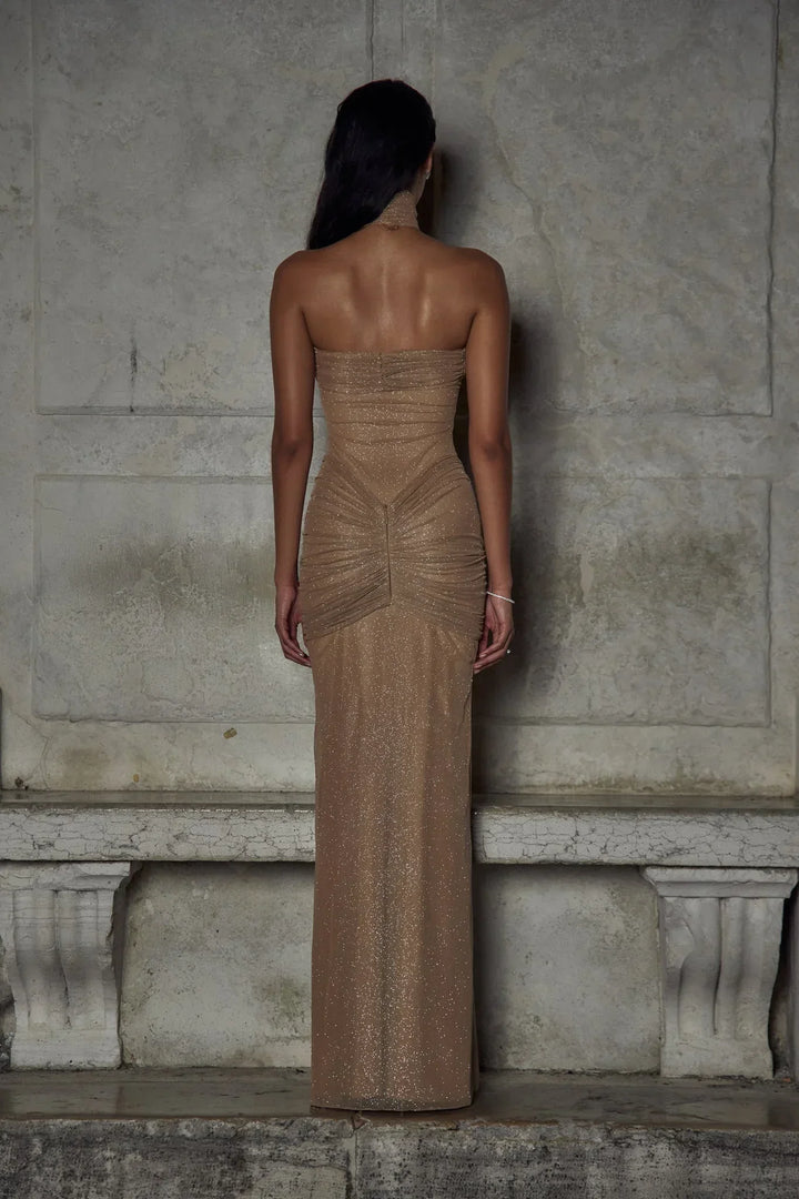 Beige Sparkling Strapless Pleated Evening Maxi Dress