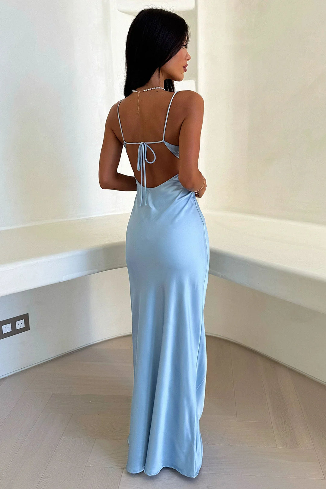 Sky blue long dress with thin straps