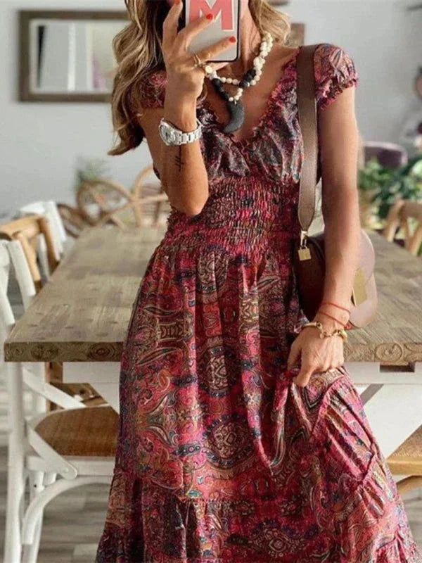 Bohemian Long Women's Dress with Ruffles and V-Neck