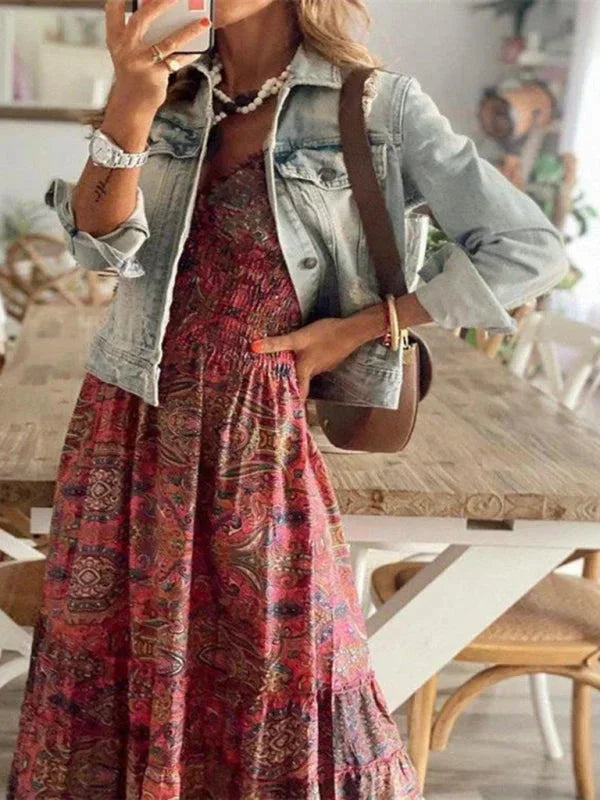 Bohemian Long Women's Dress with Ruffles and V-Neck