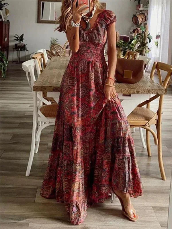 Bohemian Long Women's Dress with Ruffles and V-Neck
