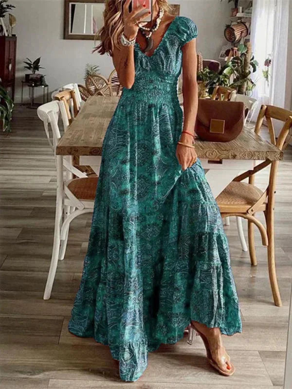 Bohemian Long Women's Dress with Ruffles and V-Neck