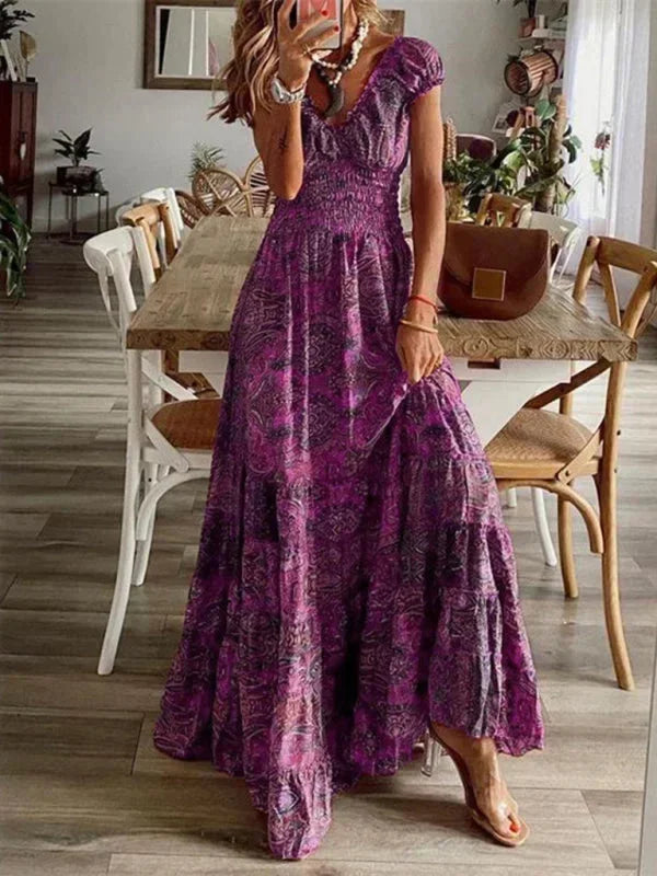 Bohemian Long Women's Dress with Ruffles and V-Neck