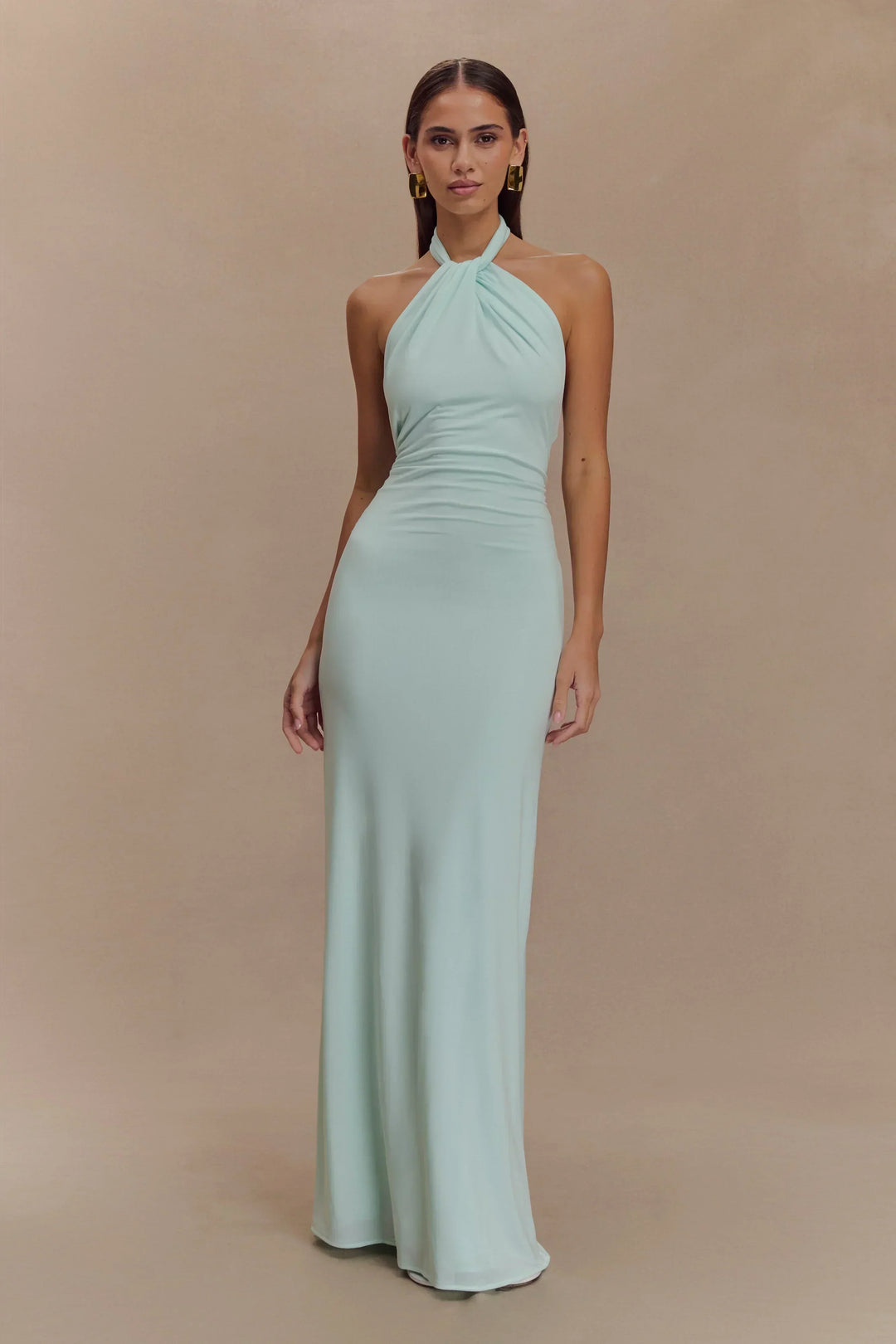 ted baker mint green floral dress Mint Green Satin Backless Halter Neck Maxi Dress