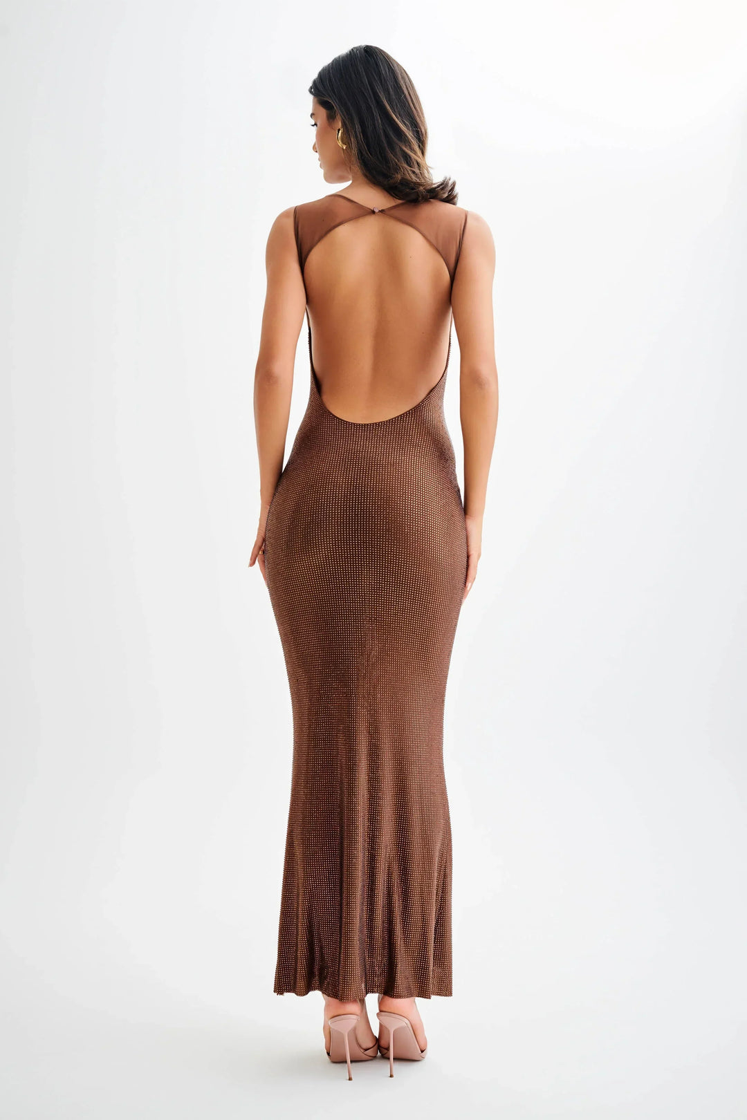 Long Sequin Dress with Straps in Brown Colour