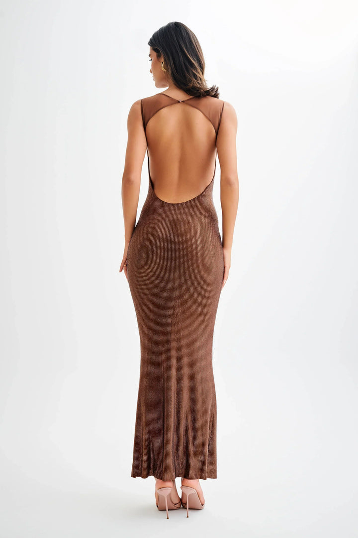 Long Sequin Dress with Straps in Brown Colour